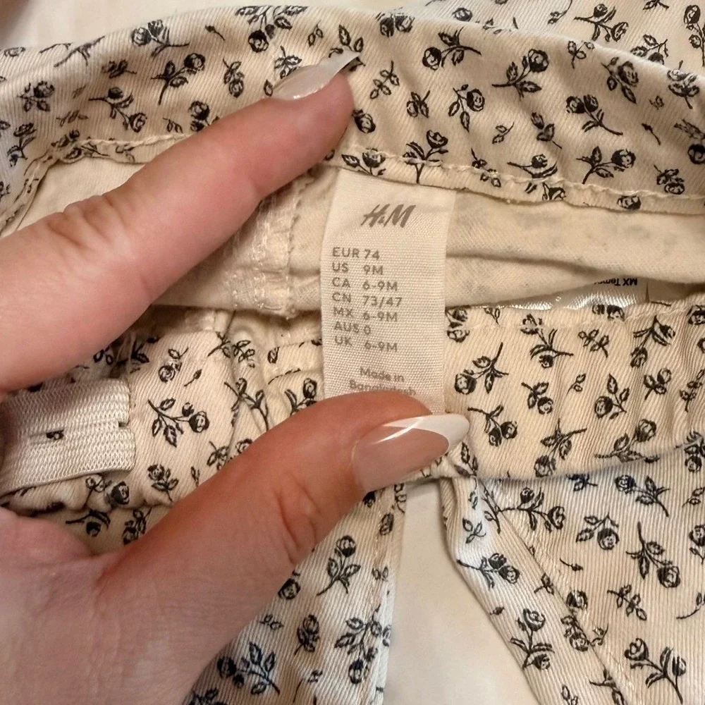 H&M Baby Girl Jeggings Set‎ 2 Pack Grey Denim Floral Rose Print 9M Elastic Waist